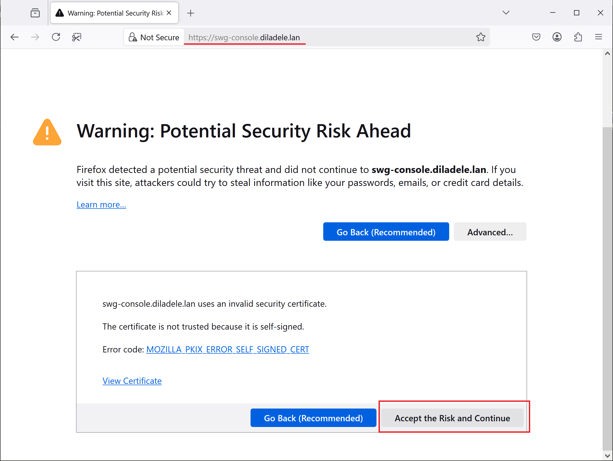 HTTPS warning of Admin Console