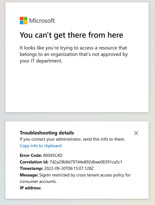 Blocked Page of Microsoft Consumer Account