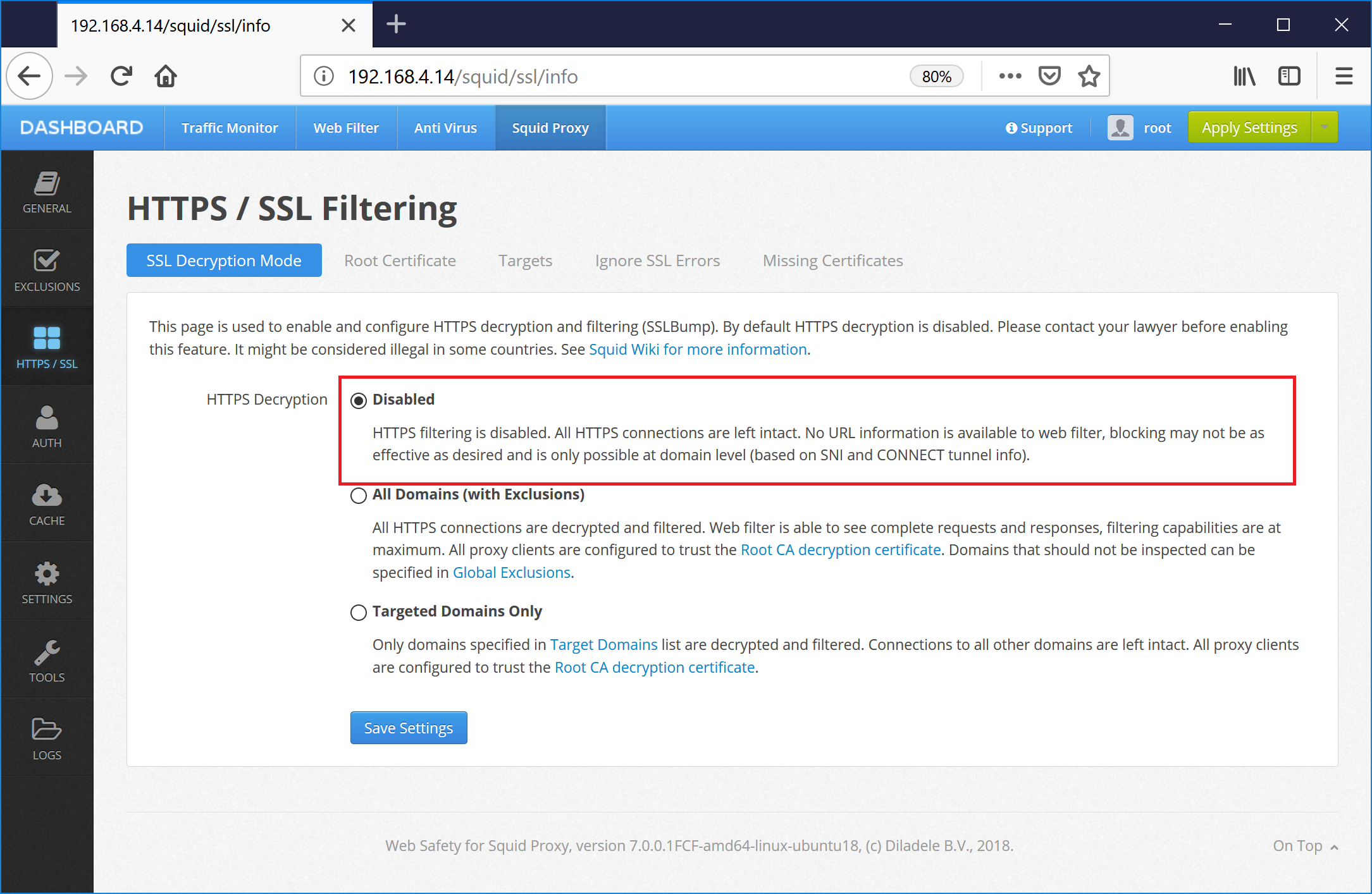 HTTPS Decryption Disabled