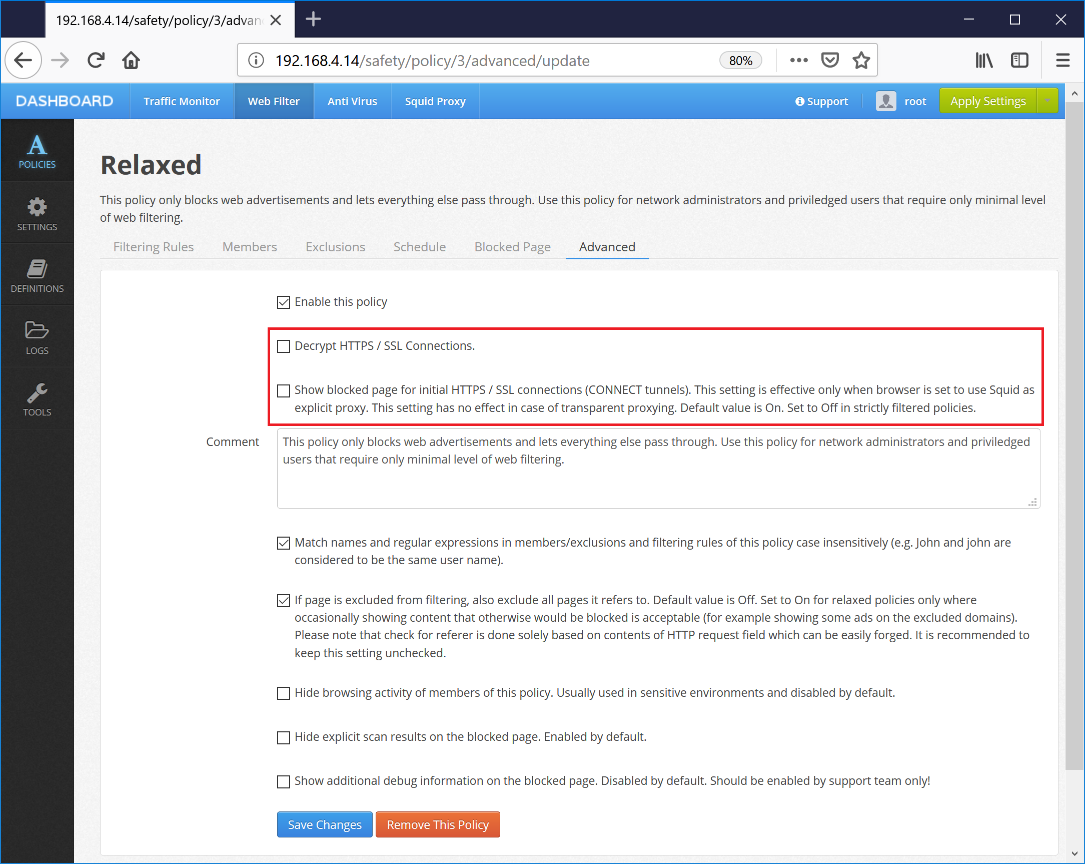 HTTPS Decryption Cleared in Policy