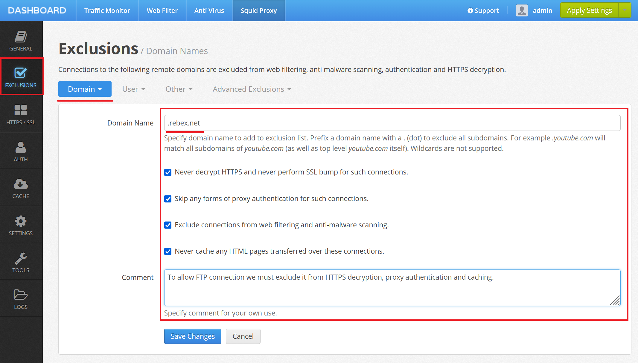 Excludes for FTP and SSH Connections through Squid