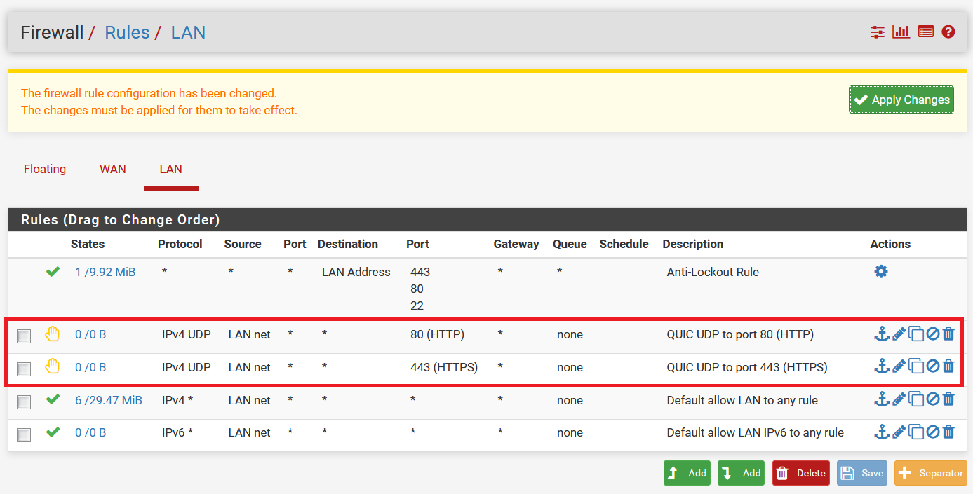 Block QUIC pfSense