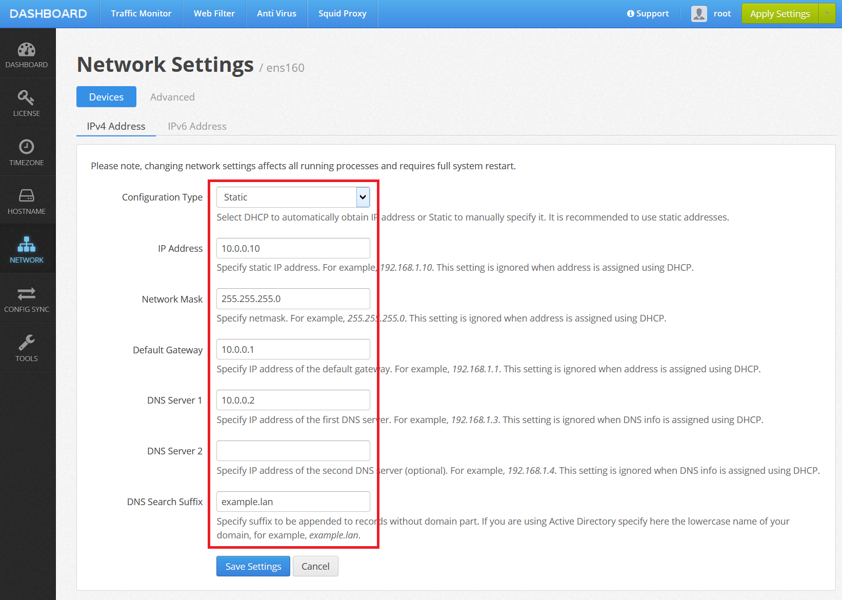 WebSafety Network Settings