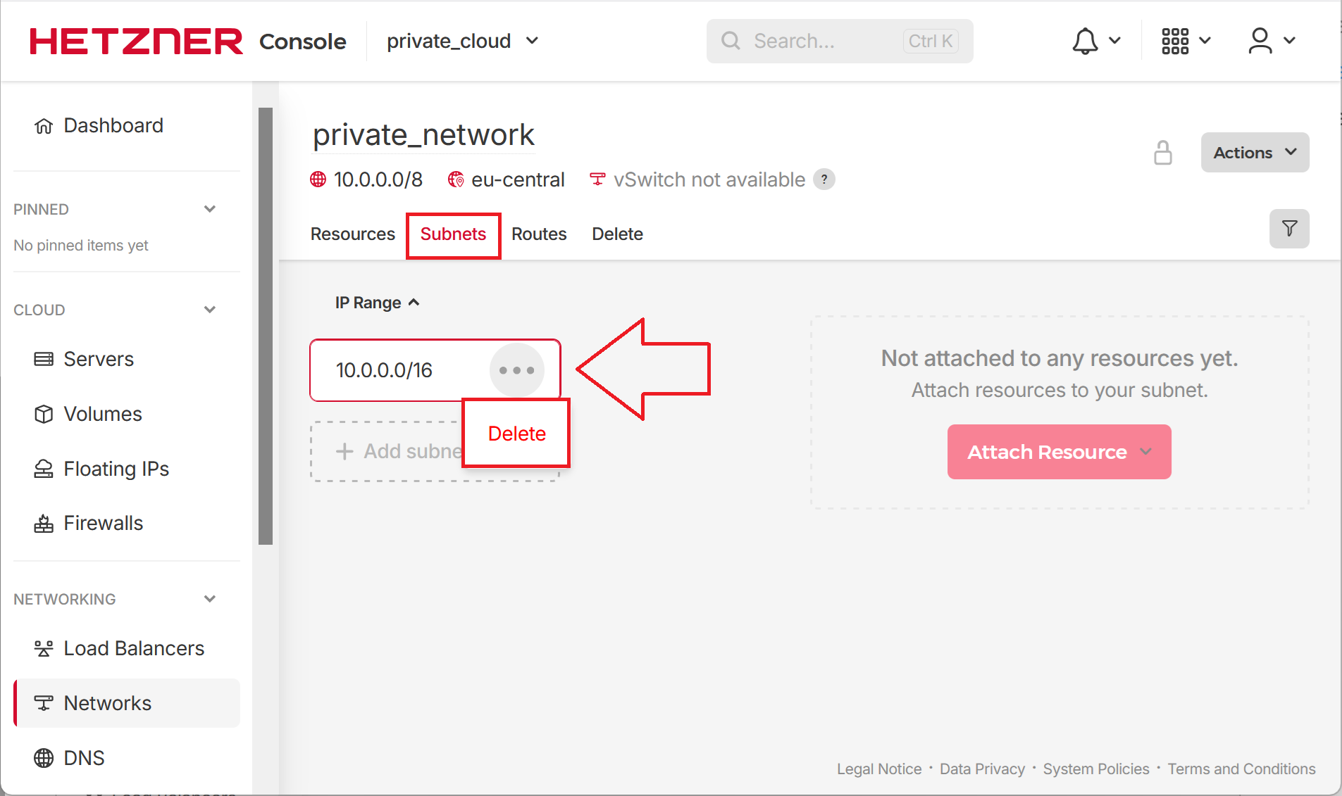 Delete Default Cloud Subnet