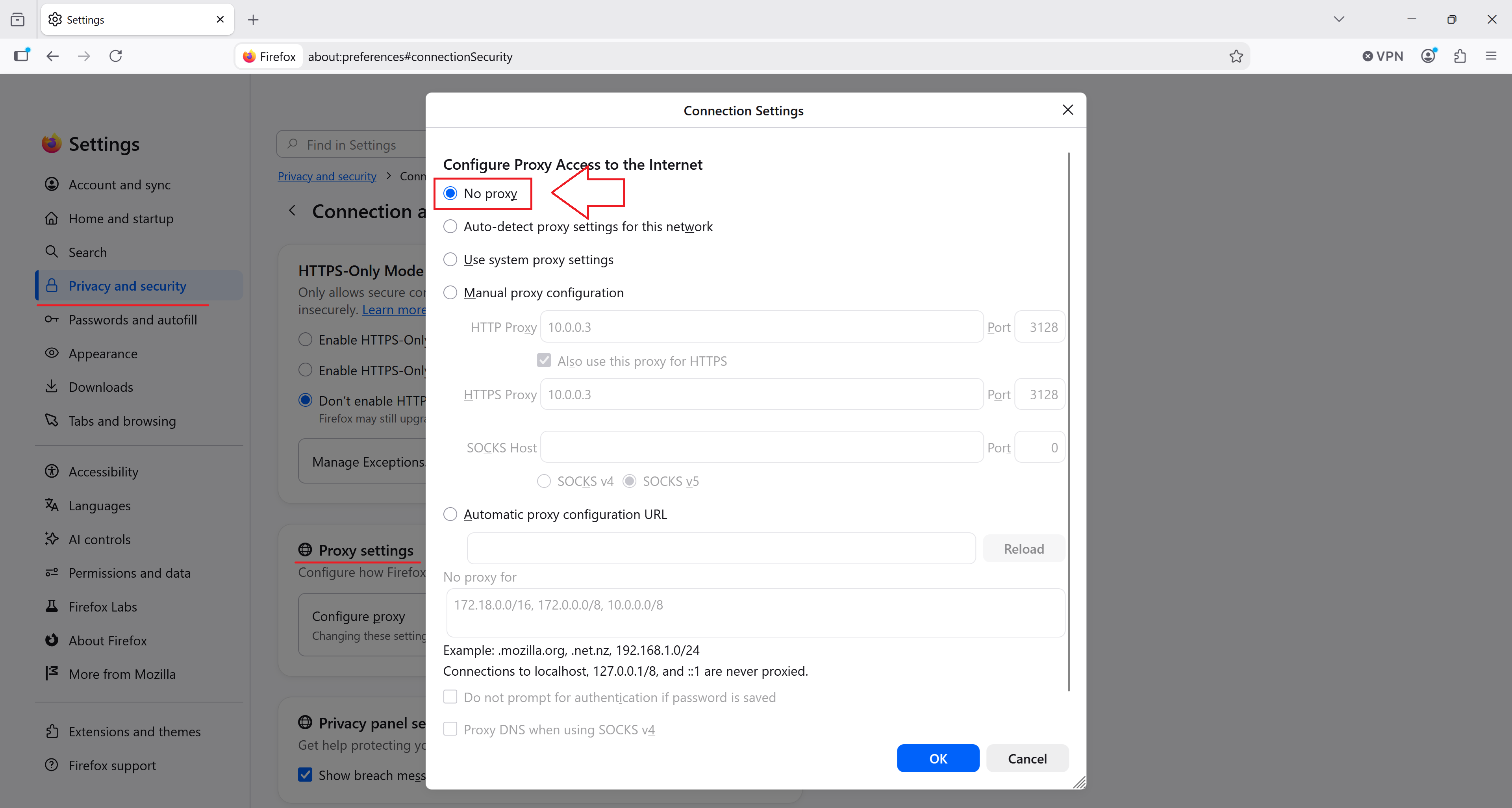 No Proxy Browser Settings