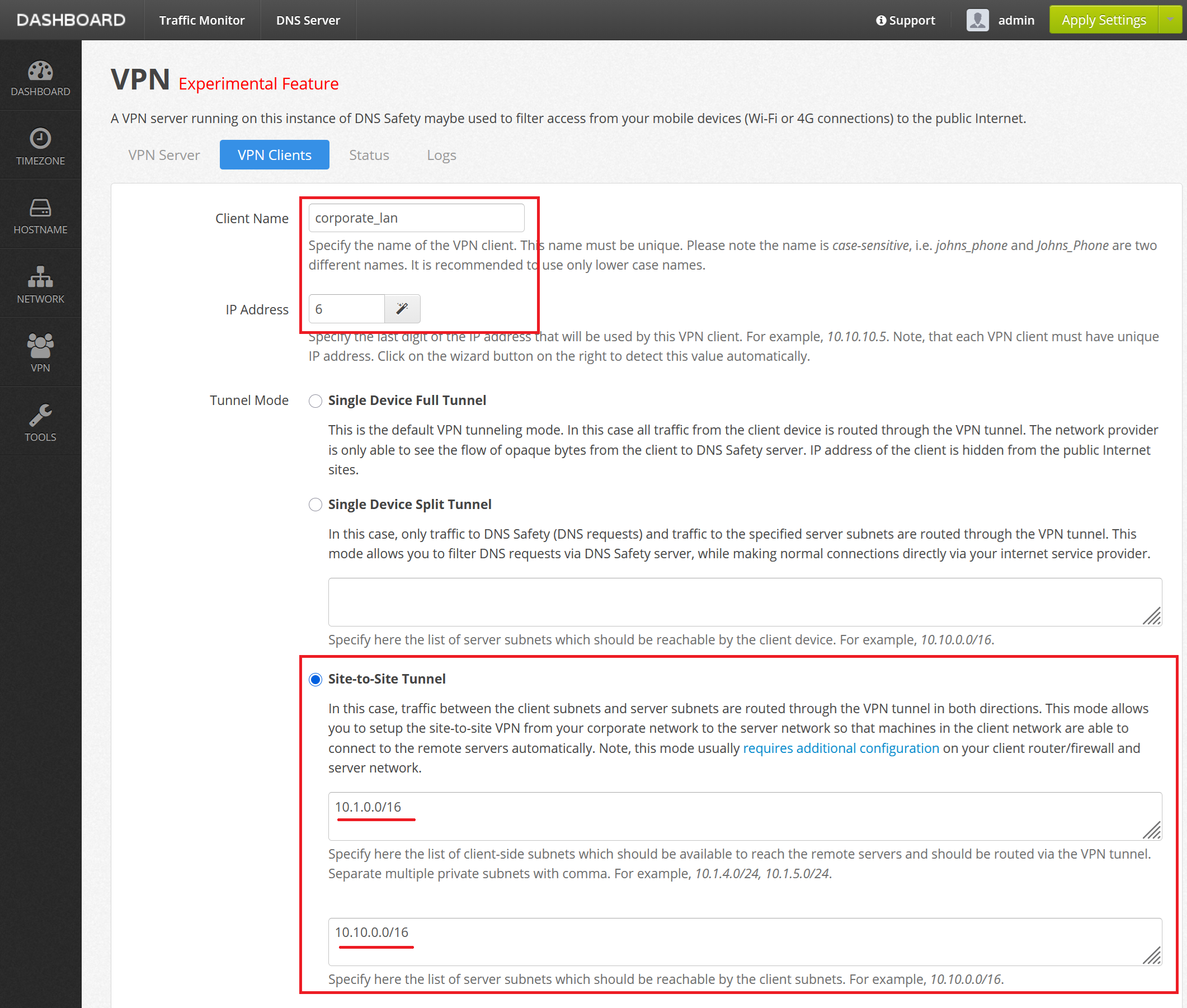 VPN Settings of Corporate Lan User